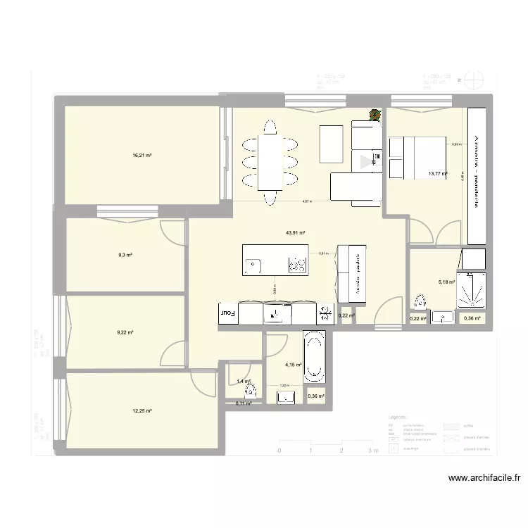 Plan de Base L+G meubl&eacute;3. Floor plan with 14  and 117 m²