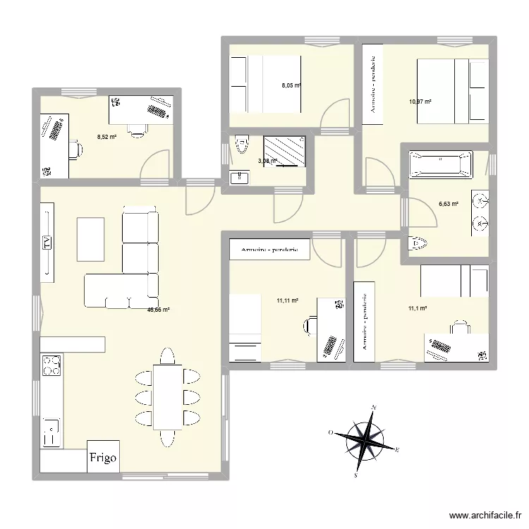 plan3. Floor plan with 8 rooms and 106 m²