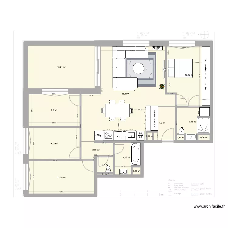 Plan de Base L+G meubl&eacute;7 grand canap&eacute;. Floor plan with 16  and 117 m²