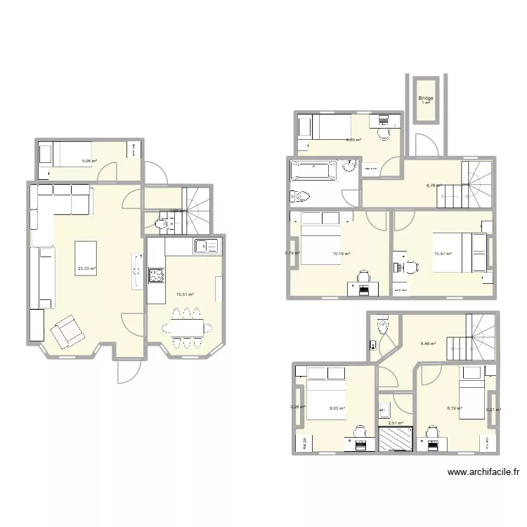 Cottage layout, bridge, two storey rear extension as bathroom and existing extension raised and protected stair version 3 / guest room. Floor plan with 