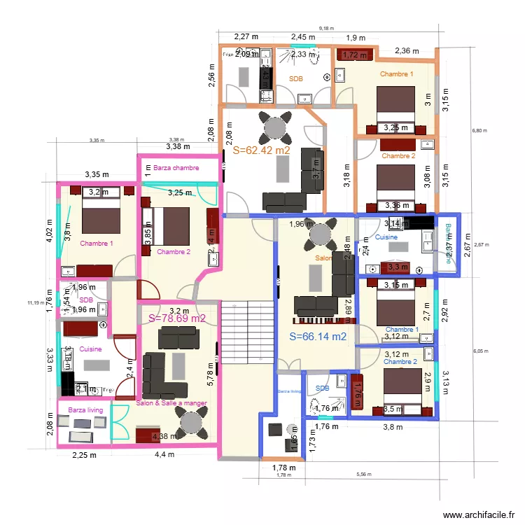 Superficie Appartements II et III. Floor plan with 8  and 122 m²