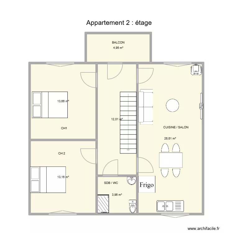 Appart 2 &eacute;tage. Floor plan with 6 rooms and 74 m²