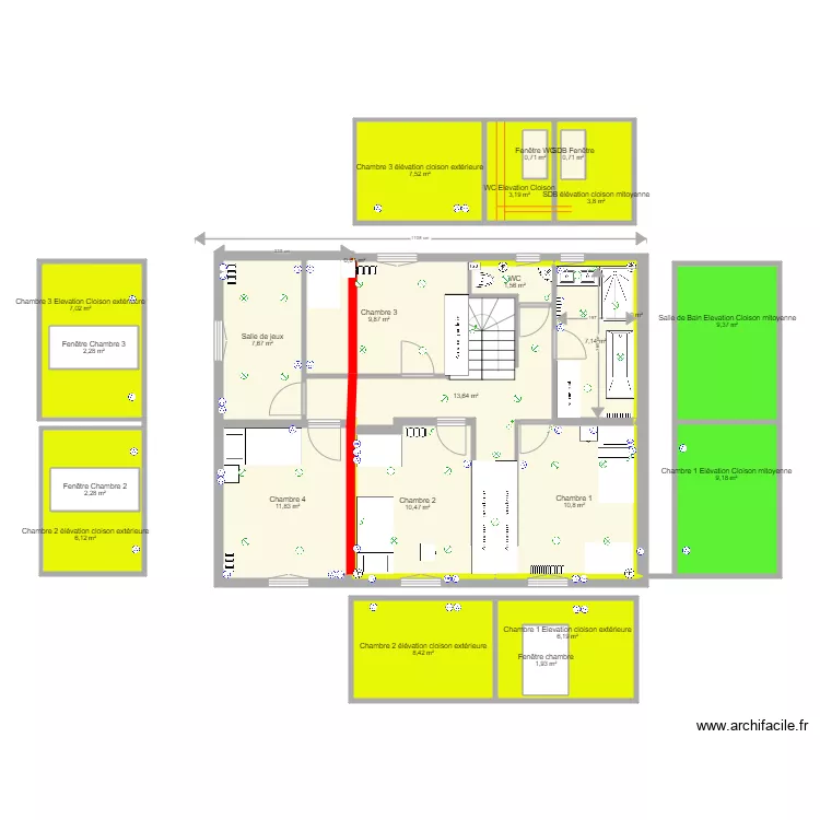 Agrandissement DSFA 1er etage Cloisons internes et p&eacute;riph&eacute;riques v6 avec &eacute;lectricit&eacute;. Floor plan with 