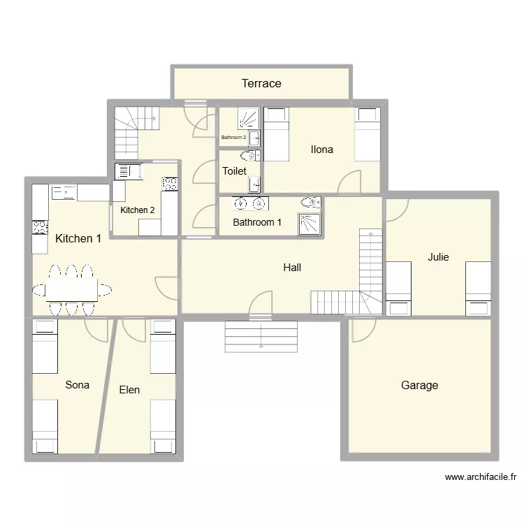 First floor. Floor plan with 13 rooms and 145 m²