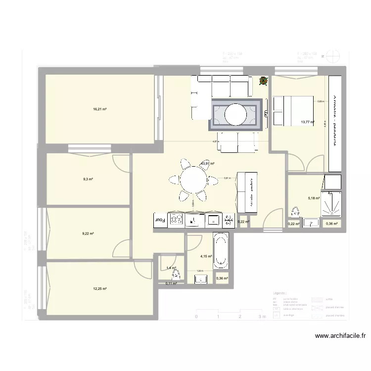 Plan de Base L+G meubl&eacute;4. Floor plan with 14  and 117 m²