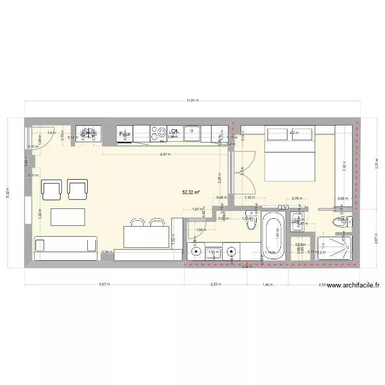 2-HO-1. Floor plan with 1 room and 52 m²