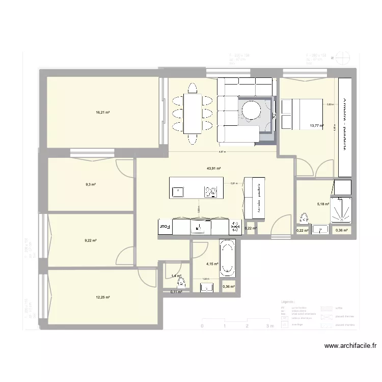 Plan de Base L+G meubl&eacute;6. Floor plan with 14  and 117 m²