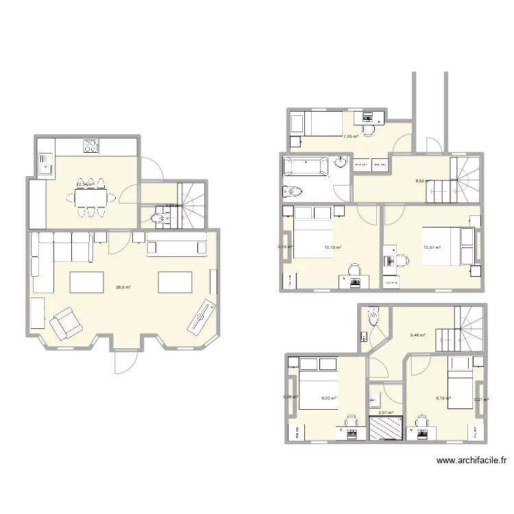 Cottage layout, bridge, two storey rear extension as bathroom and existing extension raised and protected stair version 2. Floor plan with 