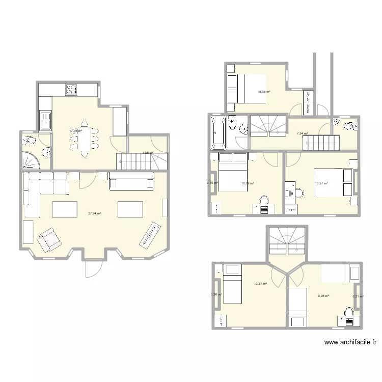 Cottage layout, bridge, two storey rear extension and existing extension raised and protected stair. Floor plan with 