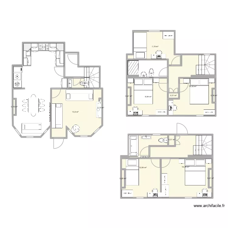 Revised Cottage layout with bath on to floor and shower on middle floor with furniture. Floor plan with 15  and 81 m²