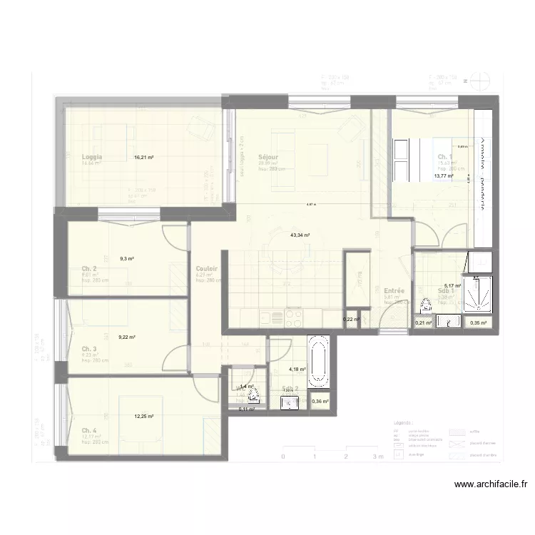 Plan de Base L+G meubl&eacute;. Floor plan with 14  and 116 m²