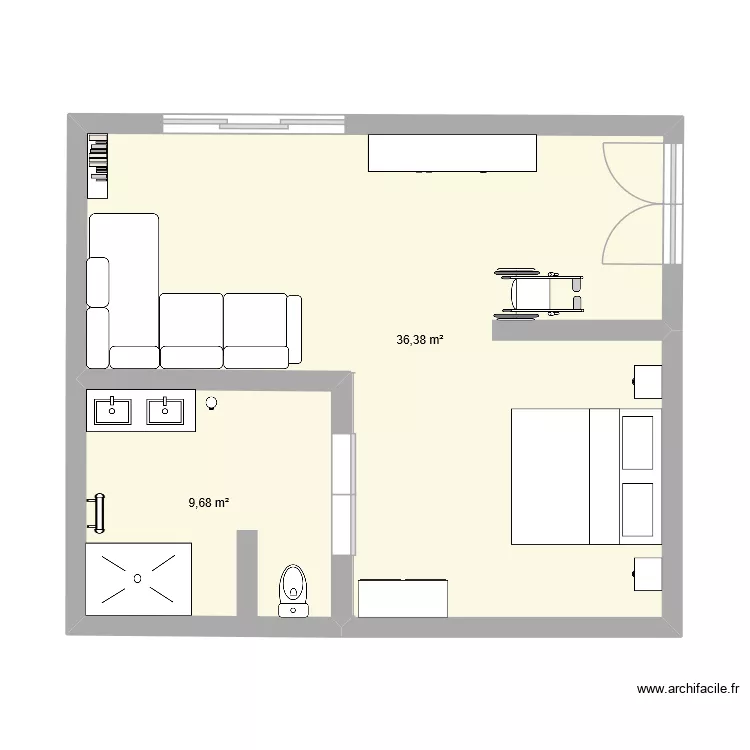 Chambre double PMR. Floor plan with 2 rooms and 46 m²