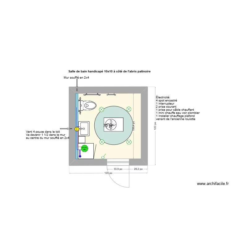 Salle de bain test handicap&eacute; V2. Floor plan with 
