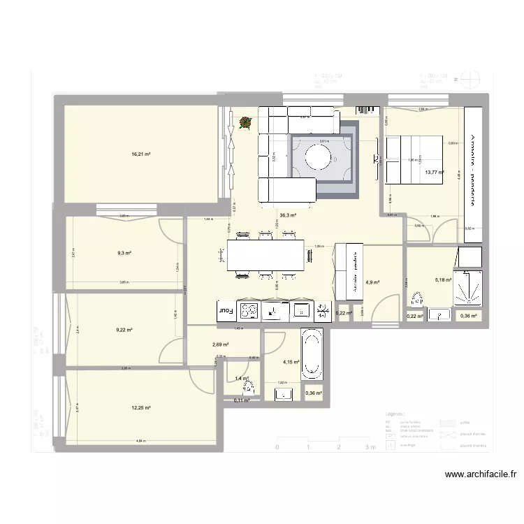 Plan de Base L+G meublé7 grand canapé et table. Floor plan with 16 and 117 m² Plan de Base L+G meublé7 grand canapé et table. Floor plan with 16 and 117 m²