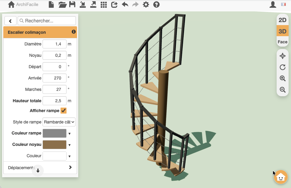 L'escalier en colimaçon apparaît en 3D : fût, marches en éventail et rampe hélicoïdale