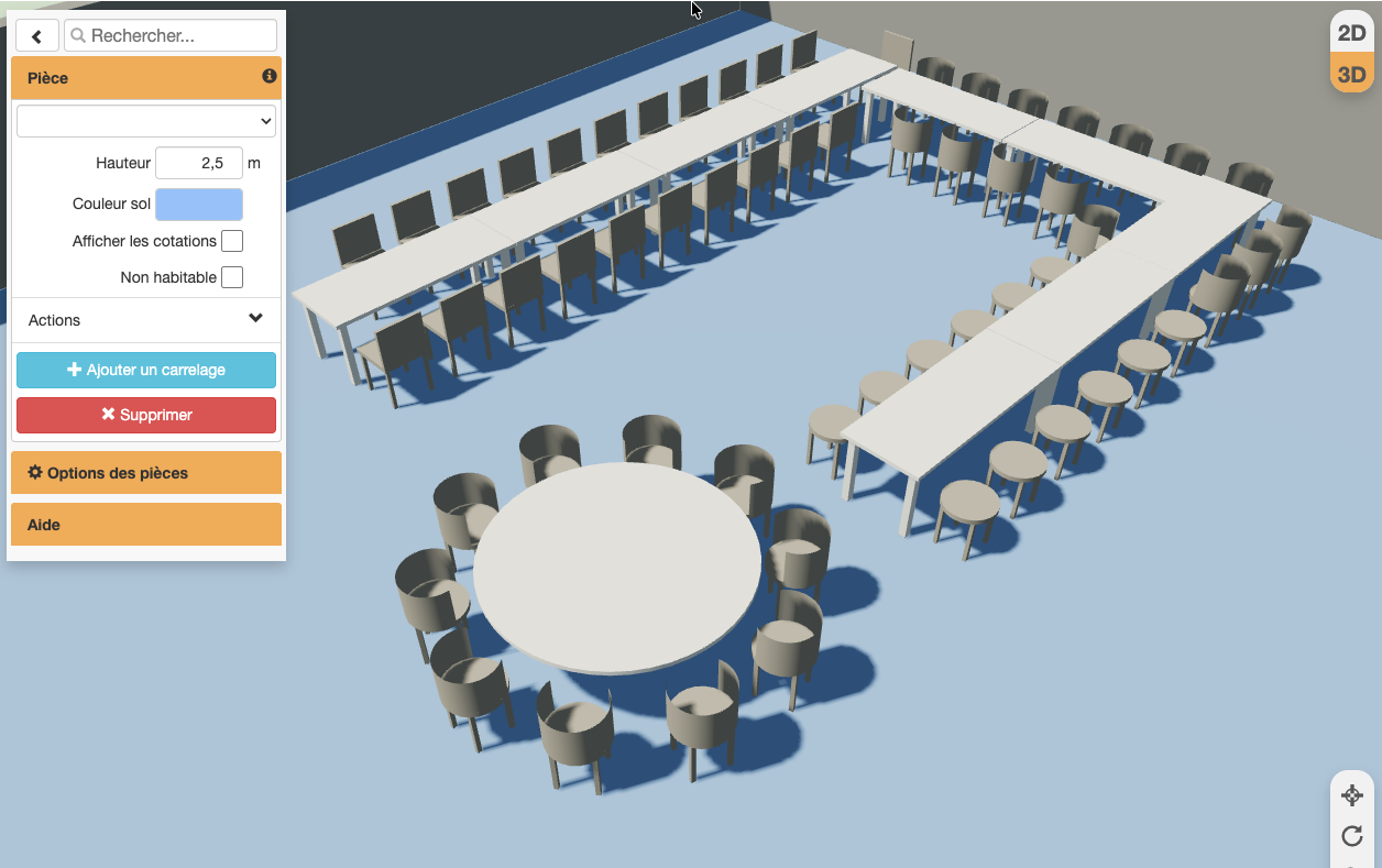 Plan de table : convives, tables et chaises, en 2D et en 3D