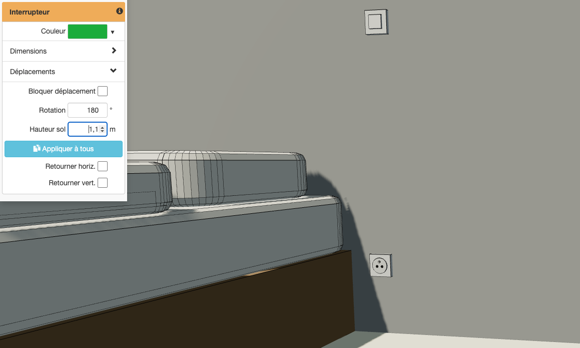 Prises et interrupteurs : au mur, à la bonne hauteur, visibles en 3D