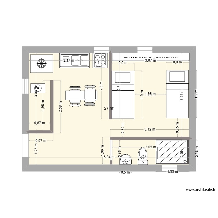 Casa-beneficiadero. Plan de 1 pièce et 27 m2