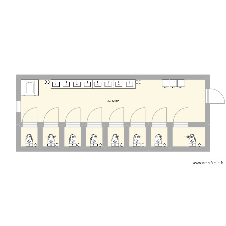 toilets. Plan de 9 pièces et 32 m2
