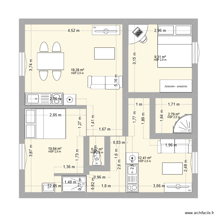 APPT 2. Plan de 6 pièces et 55 m2