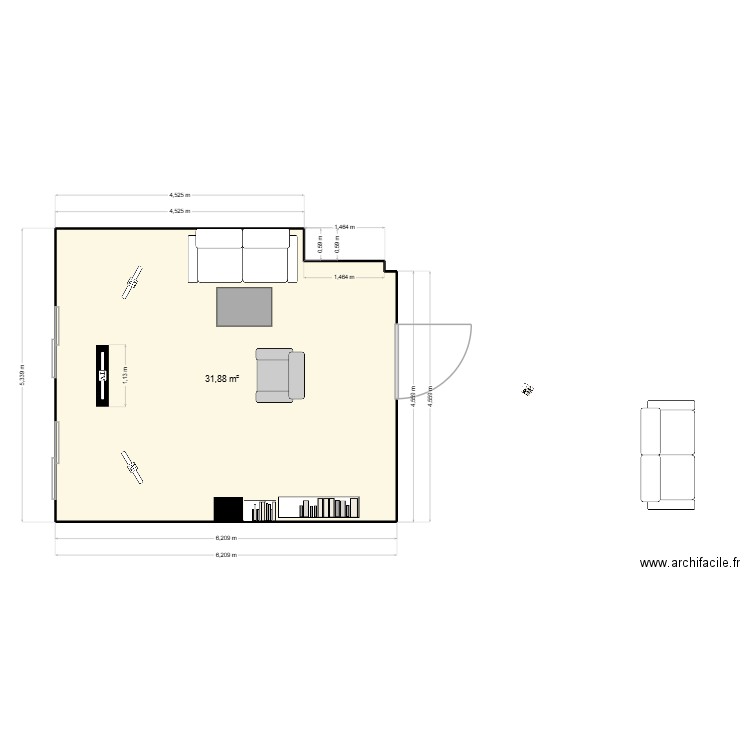 salon nuevo. Plan de 1 pièce et 32 m2