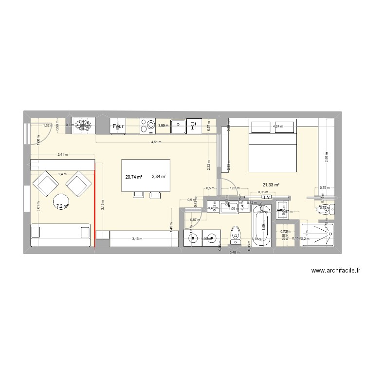 2-HO. Plan de 4 pièces et 52 m2