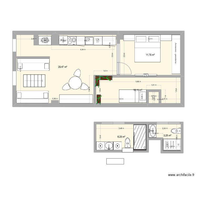 1-HO. Plan de 5 pièces et 61 m2