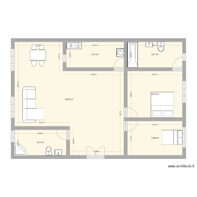 Plano. Plan de 6 pièces et 109 m2
