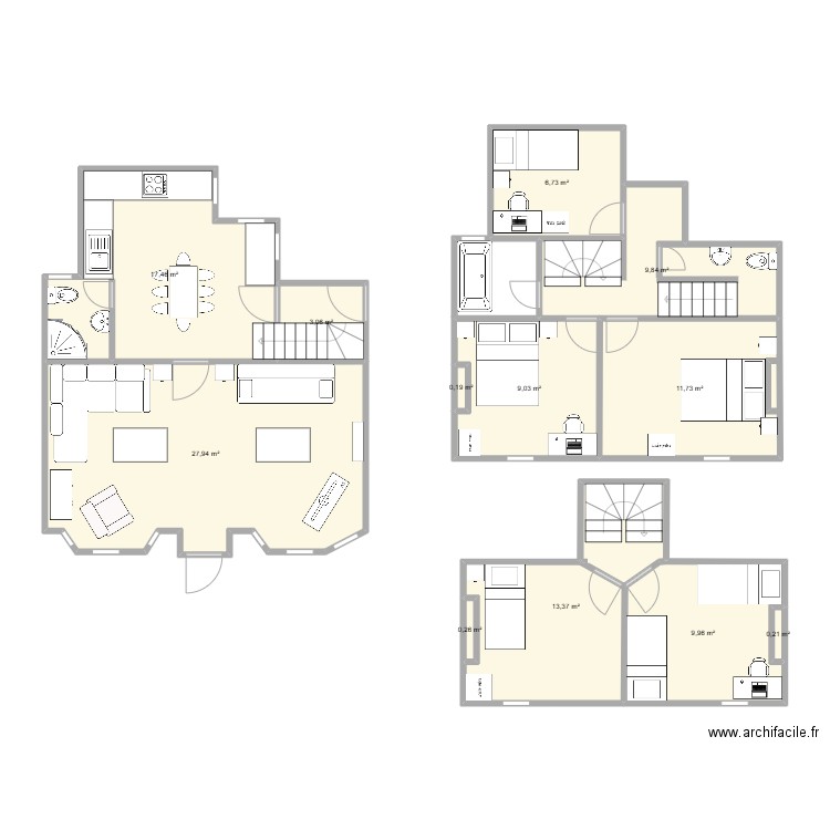 Cottage layout two storey rear extension and existing extension raised and protected stair. Plan de 12 pièces et 110 m2