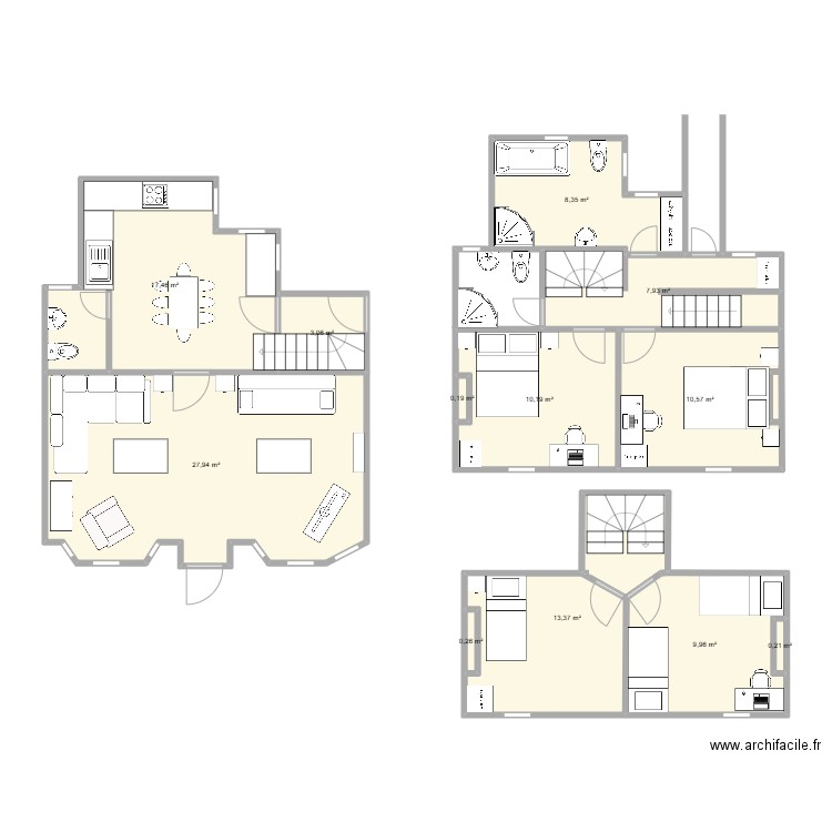 Cottage layout, bridge, two storey rear extension as bathroom and existing extension raised and protected stair. Plan de 12 pièces et 109 m2