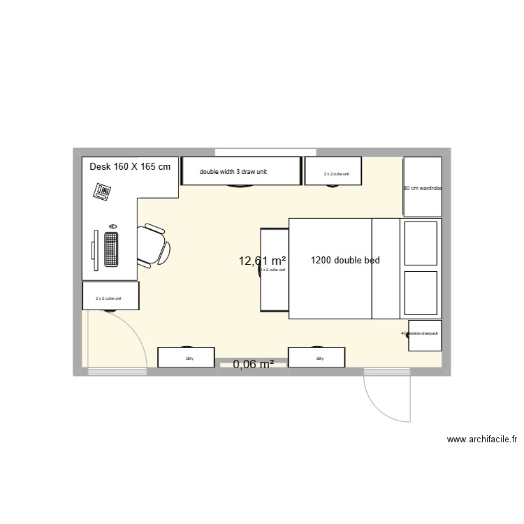 Bedroom with furniture confirmed layout. Plan de 2 pièces et 13 m2
