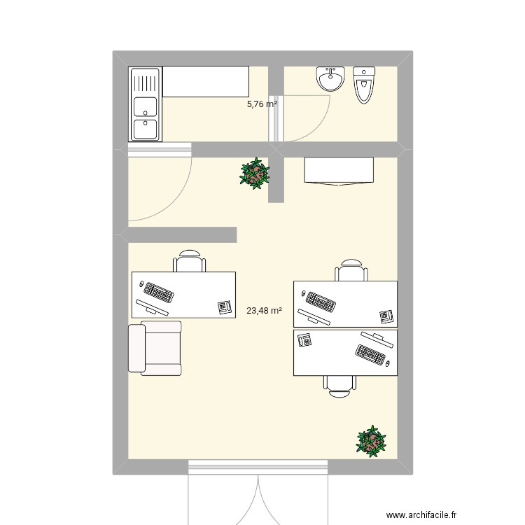 oficina. Plan de 2 pièces et 29 m2
