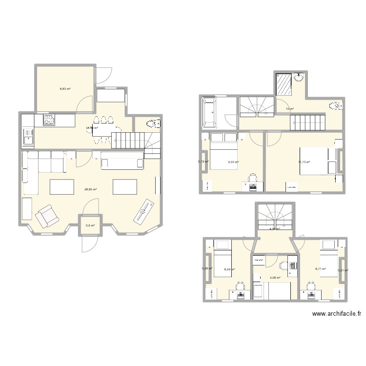 Cottage layout single storey rear extension and existing extension raised. Plan de 14 pièces et 103 m2
