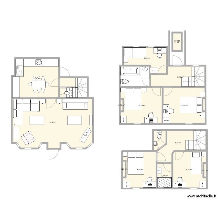Cottage layout, bridge, two storey rear extension as bathroom and existing extension raised and protected stair version 3. Plan de 15 pièces et 106 m2