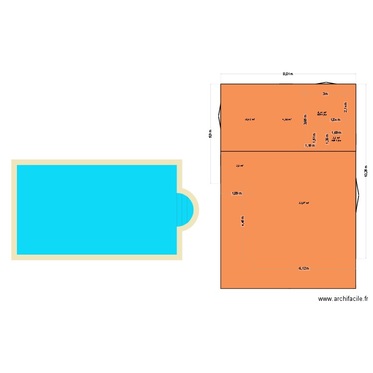 caseta 3. Plan de 6 pièces et 61 m2