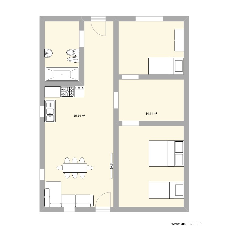 mi casa. Plan de 2 pièces et 70 m2