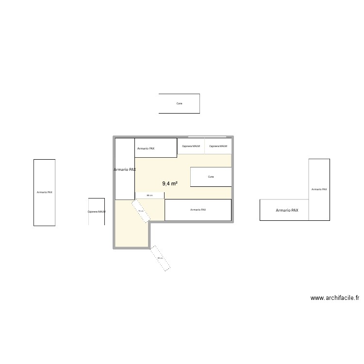Habtiacion pequeña. Plan de 1 pièce et 9 m2