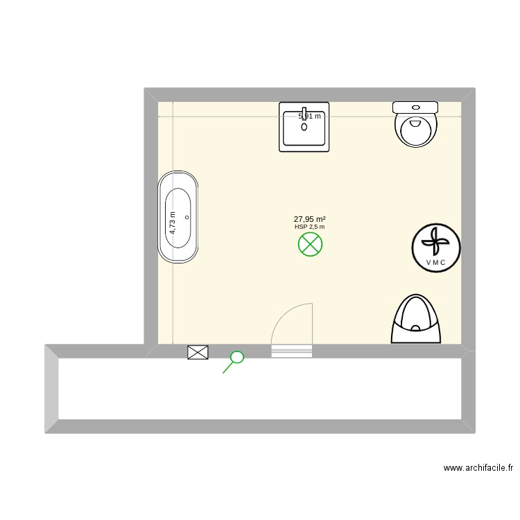 planpplanta baño. Plan de 1 pièce et 28 m2