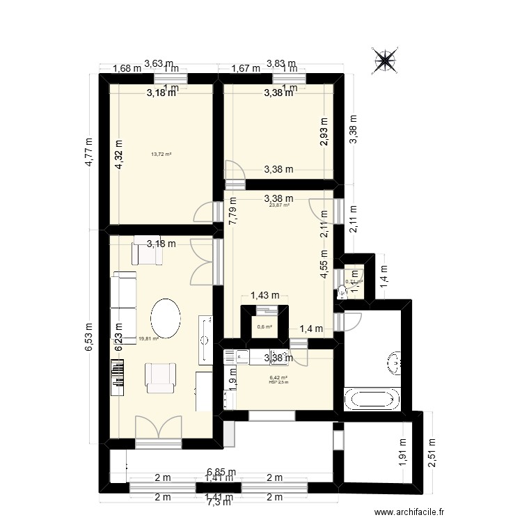 plan. Plan de 6 pièces et 65 m2