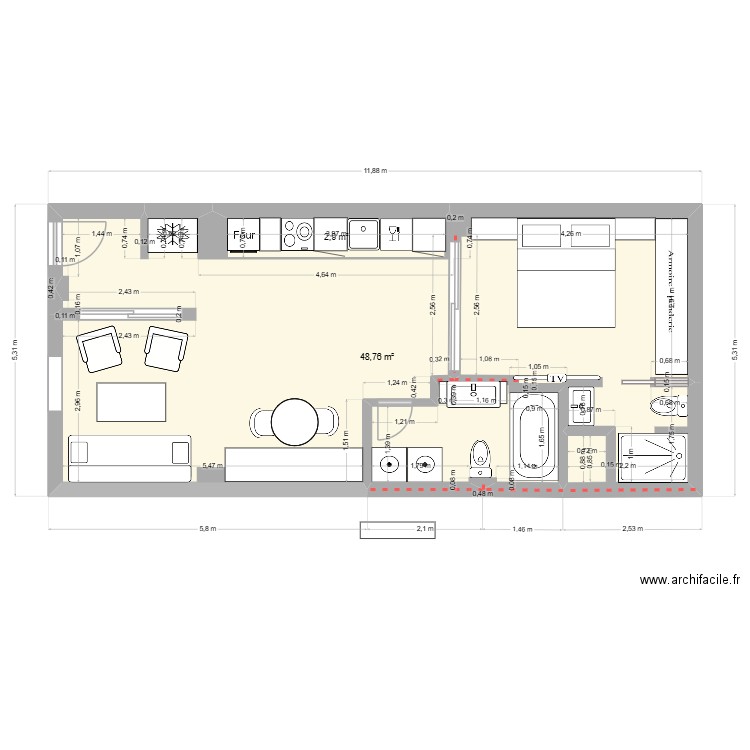 2-HO-1. Plan de 2 pièces et 52 m2