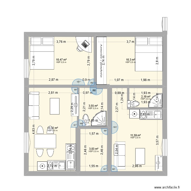 APPT 3. Plan de 7 pièces et 55 m2