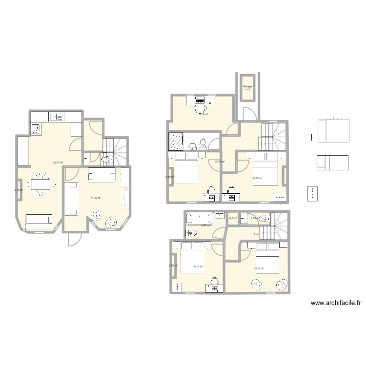 Cottage layout with bath on to floor and shower on middle floor v2. Plan de 0 pièce et 0 m2