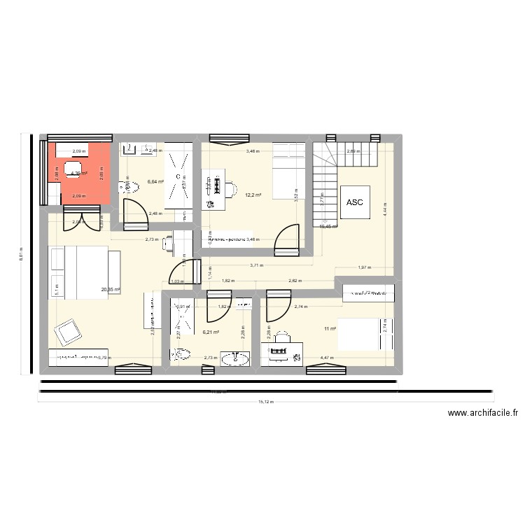 Planta Primera. Plan de 7 pièces et 77 m2