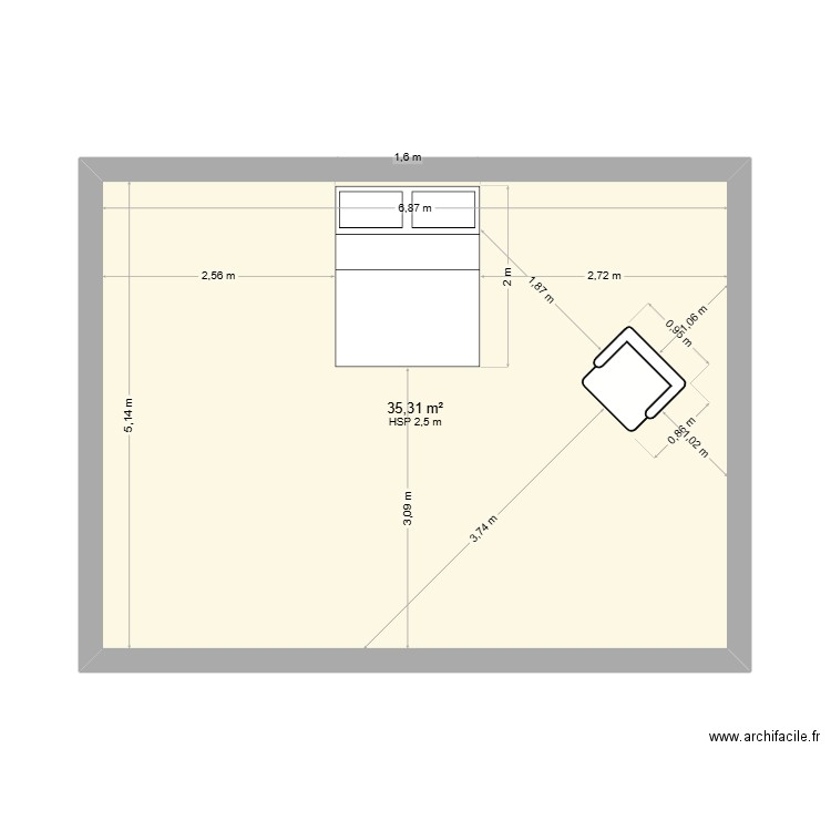 kklo. Plan de 1 pièce et 35 m2