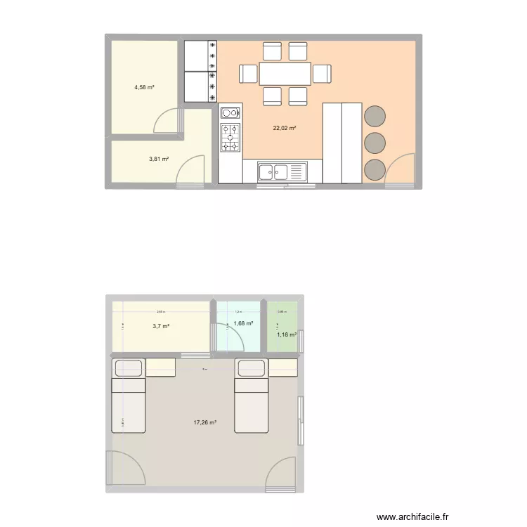 Cozinha e QuartoJC. Planta de 7 e 54 m² Cozinha e QuartoJC. Planta de 7 e 54 m²