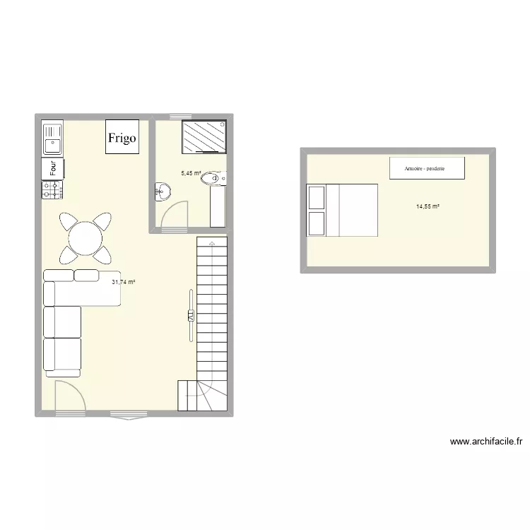 Studio with a Single Bedroom. Planta de 3  e 52 m²