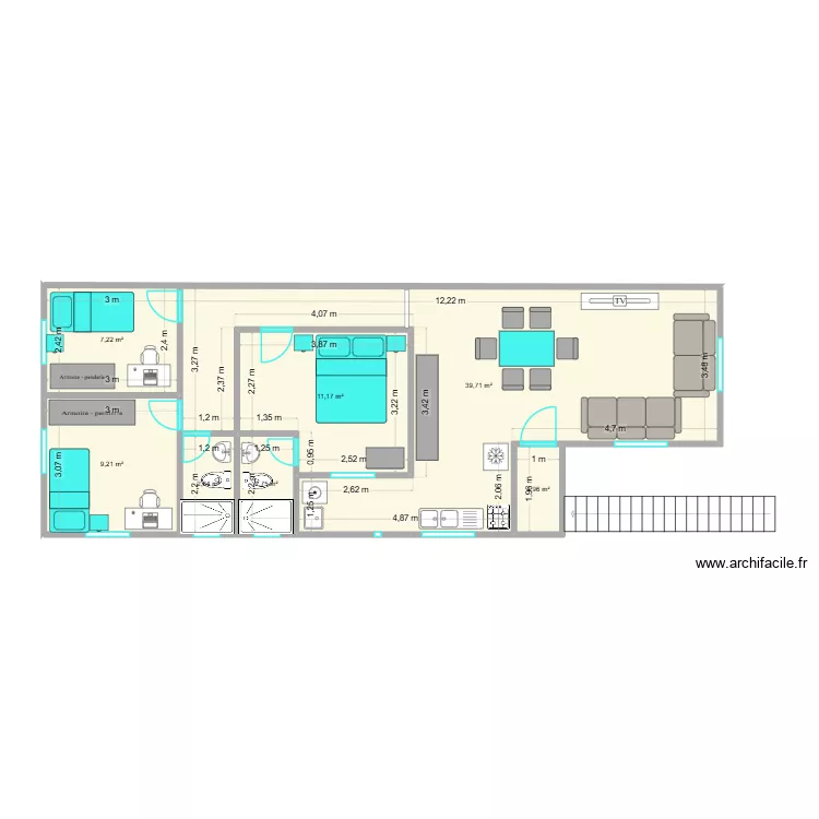 Taboao com moveis. Planta de 7  e 75 m²