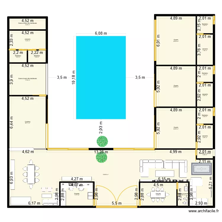 casa em U. Planta de 20  e 350 m²